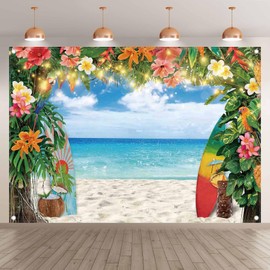Luminora 7x5ft Fabric Summer Hawaiian Beach Backdrop Tropical Flower Surfboard Ocean Palm Leaves Background Luau Aloha Party Decorations Photo Banner Props