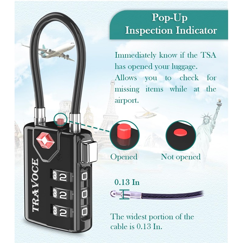 Search Alert TSA Approved Travel Combination Luggage Cable Locks for