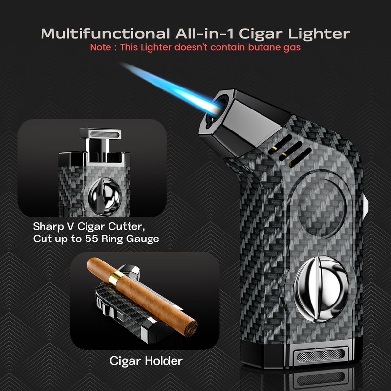 Cigar Humidor, Cedarwood Lined, with V-Cut Cigar Torch Lighter, Draw