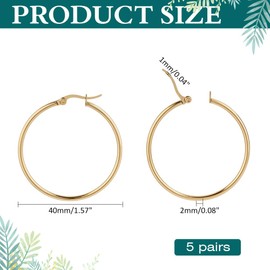 CRAFTYMELODY 5 Pair 18K Gold Huggie Hoop Earring Stainless Steel Earring Hook Findings 40x2mm Thick Leverback Ear Wire for Jewelry Making Accessory Supplies DIY Craft Women Gifts