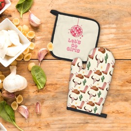 FIicy Western Cowgirl Oven Mitts and Pot Holders Sets, Western Cow Skull Kitchen Accessories Sets, Yellow Pink Preppy Disco Ball Let’s Go Girls Heat Resistant Oven Glove Potholders for Kitchen Baking