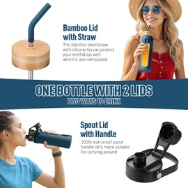 Kodrine Glass Water Bottles 32 oz Water Bottle with Straw, Sports Water Bottle with Handle, Clear Water Bottle with 2 lids Bamboo Lid and Spout Lid, Wide Mouth Water Bottle with Sleeve, Navy Blue