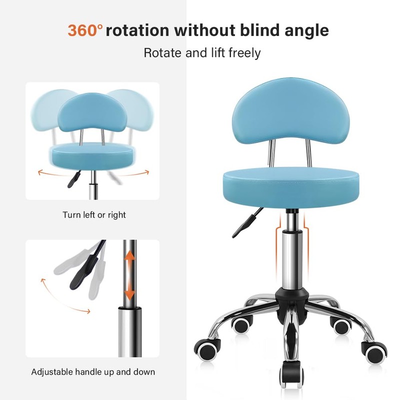 KKTONER Rolling Stool with Mid Back Height Adjustable Chair PU