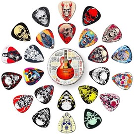 Juego de 24 púas de guitarra de 0,46 0,71 0,96 1,20 mm delgadas, medianas, pesadas con caja de estaño, paquete variado de púas de bajo, púa de guitarra para guitarra acústica, guitarra eléctrica, bajo