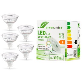 greenandco 5x CRI 90+ MR16 GU5.3 Dimmable LED Spotlight, 6.5 W, 510 lm, 38°, 3000 K, Warm White, 12 V AC/DC