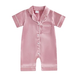 Newborn Baby Boy Girl Silk Pajamas Romper Shorts Sleeve Button Down Satin One Piece Onesie Pjs Infant Sleepwears (Dark Pink, 6-12 Months)