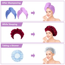 SNAIL GARDEN 4Packs Hair Cap Set, 2 Microfiber Hair Drying Towels Wrap with 1 Plastic Shower Hair Cap+1 Silk Sleeping Hair Protection Cap, Reusable and Lightweight for Women & Girls Hair Care Caps