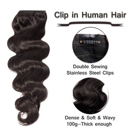 Clip in Human Hair Extensions 22 inch Off Black #1B One Piece 5 Clips Body Wave Thick Soft Human Hair 3/4 Full Head Double Thread Weft (22"=100g, Wavy)