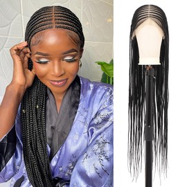Zurffiy 13x8 Inch HD Lace Front Braided Wigs for Women Cornrow Braided Wigs Box Braid Wig With Baby Hair Braids Lace Frontal Wigs 36" Black Human Hair Blended Braided Lace Front Wig