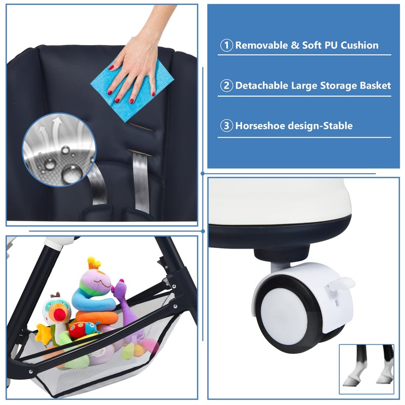 INFANS High Chair with One-Hand Removable Tray, 4 Lockable Wheels