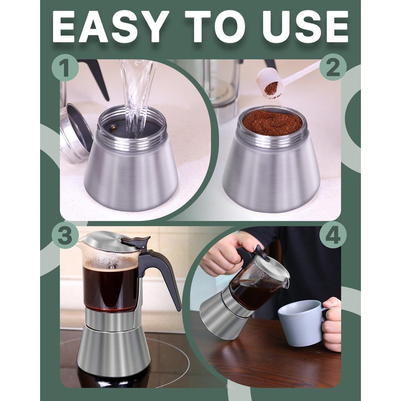 Grasseed Crystal Glass-Top Moka Pot, Brushed Stainless Steel Stovetop Espresso