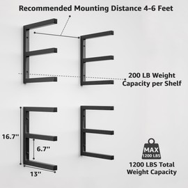 YYR Wood Organizer and Lumber Storage Rack Wall Mount, Heavy Duty Metal Shelf with 6-Level Holds Up 1200 LBS, Indoor & Outdoor Use - Black