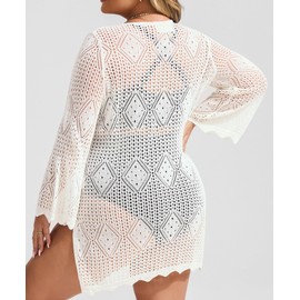 Hanna Nikole Women's Large Sizes V Neck Bikini Cover Up Summer Long Sleeves Beach Dress Hollow Out and Knitted Beachwear, White