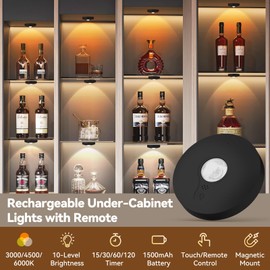 Yiliaw Rechargeable LED Puck Lights with Remote Control, 1500mAh Magnetic Under Cabinet Lighting, Closet Push Tap Light, Under Counter Lights for Kitchen, 12 Pack, Black