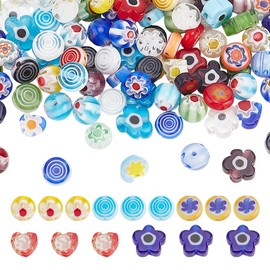 arricraft 120 Pcs Millefiori Glass Beads, 5 Styles Multi-Coloured Flower Lampwork Crystal Beads Round Heart Flat Round Shape Beads Loose Spacer Beads for Jewelry Making Bracelet Necklace