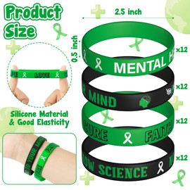 WATINC Mental Health Awareness Silicone Bracelets Set,Mental Health Hope Green Ribbons Rubber Stretch Wristbands, Motivational Rubber Bracelet with Inspirational Message for Men Women Teens (48Pcs)