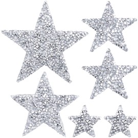 HINZIC 6pcs Star Iron On Patches, 4 Sizes Glitter Rhinestone Star Embroidered Appliques, Sequin Crystal Repair Decoration for DIY Clothing Jeans Hats Jackets Dress Bag Crafts -Silver White