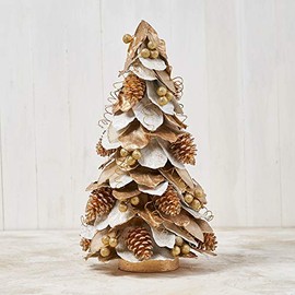 Holiday Tree Christmas Tabletop Tree 24" Ivory Natural Gold Silver Jackfruit Leaves Cone Tree, Handcrafted, Silvery and Gold Preserved Jackfruit Leaves w/Glittery pinecones Combine with Golden Berrie