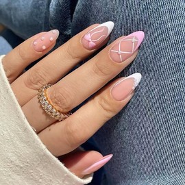 Pink White French Tip Press on Nails Medium Almond 3D Fake Nails with Pearl Bow Designs Summer Cute False Nails Gel Acrylic Glue on Nails Full Cover Stick on Nails for Women Girls 24Pcs