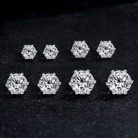 925 Sterling Silver Stud Earrings Set for Women Men, 6 Prong Hypoallergenic Cubic Zirconias Silver CZ Studs Earrings Pack of 4 Pairs 4-7mm