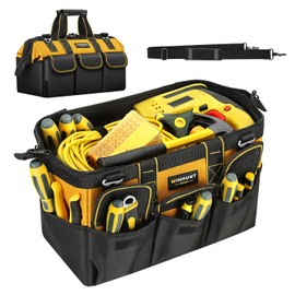 WINHUNT Tool Bag, 15-inch Wide Mouth Tool Organisers, 600 Denier Large Tool Bag for Home DIY & Equipment Storage, Yellow and Black