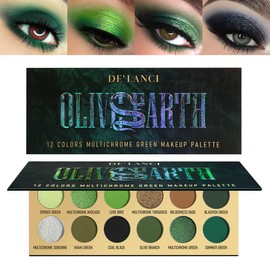 Olive Green Eyeshadow Palette, Black Green Multichrome Eyeshadow for Green Smokey Eyes, 12 Colors Matte Glitter Pigmented Powder Long Lasting Green Brown Eye Makeup Pallet for St. Patrick's Day, Vegan