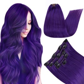 RUNATURE Clip in Hair Extensions Purple Clip in Human Hair Full Head Purple Hair Extensions Real Human Hair Clip Ins Party Highlight Colored Hair Extension 14 Inch 70g/5pcs