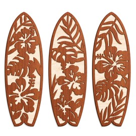 COLOR VALLEY ART 3 Pieces Hibiscus Surfboard Decor for Bedroom Wooden Beach Wall Decor Summer Wood Surfboard Wall Hanging Sign for Tropical Living Room Decoration, 4''Lx12W''*3 (Brown)