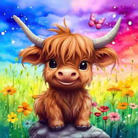 Fabric Panel 14"x14" Baby Highland Cow 100% Cotton Quilting Panel Square AM1825