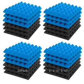 JBER Acoustic Sound Foam Panels, 24 Pack 2" X 12" X 12" Blue and Black Soundproofing Treatment Studio Wall Padding Sound Absorbing Fireproof Pyramid Acoustic Treatment…
