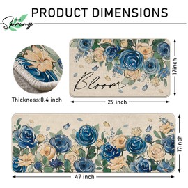 Tailus Spring Summer Floral Flower Kitchen Rugs Set of 2, Bloom Blue White Rose Petal Butterfly Kitchen Mats Decor, Seasonal Floor Door Mat Home Decorations -17x29 and 17x47 Inch