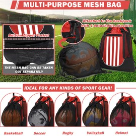 STAY GENT Drawstring Basketball Backpack for Children Teenagers Adults Foldable Football Volleyball Sports Bag with Removable Ball Mesh Bag for Gym Yoga Hiking Red White Stripes