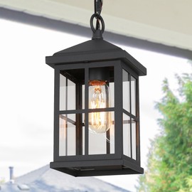 classy leaves Black Outdoor Pendant Light Fixture, Farmhouse Outdoor Pendant Lights for Porch, Waterproof Exterior Square Pendant Hanging Lighting with Clear Glass