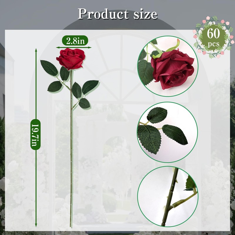 60 Pcs Wine Red Artificial Roses Bulk for Wedding Decor