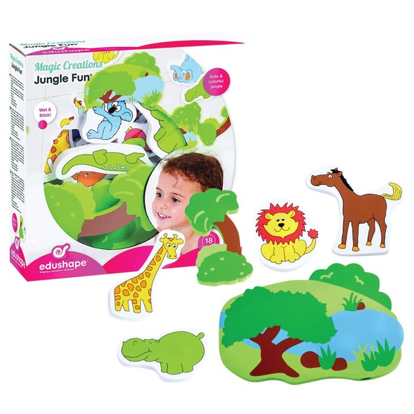 Edushape Magic Creations, Jungle Fun - Baby Bath Foam Toys Foam Stickers - Stick-On Removable Baby Foam Bath Toys for Toddlers 1-3 - Imaginative Learning Bath Toys Foam Activity Play Set