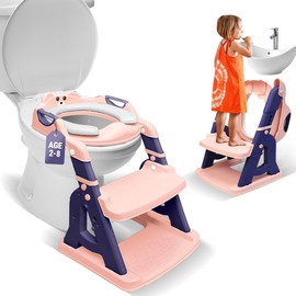 Bambinao 2-in-1 Cushioned Potty Seat with Ladder – Foldable Toddler Toilet Seat & Toddler Step – Step Up Potty Chair With Splash Guard for Boys & Girls – Toilet Training for Kids Aged 2-8