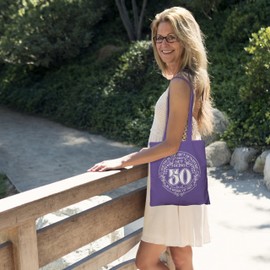 Dead Set Studio 50th Birthday Tote Bags, 50th Birthday Bag for Women Born in 1975, Funny & Stylish 50th Gift Bag for 50 Year Old Women VIOLET