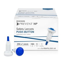 McKesson Prevent HP Sterile Push Button Safety Lancets, 25G x 1.4 mm Depth [100 Count] - Auto Retracting Blood Glucose Testing Lancets, Single Use, Blue