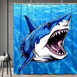 BATRUG Great White Shark Shower Curtain, Blue Sea Water Ocean Shark Theme Bath Curtain Set, Great White Shark Interior Decoration Shower Curtain with 12PCS Hooks, 70X70IN