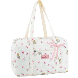 Coquette Bag with Ribbon Pearl Bow - Cute Bear Pattern Travel Bag,Floral Quilted Duffle Bag for Women Girls,Coquette Aesthetic Tote Bags,Pink and White Purse,Cartoon Weekend Bags for Travel Trip Work