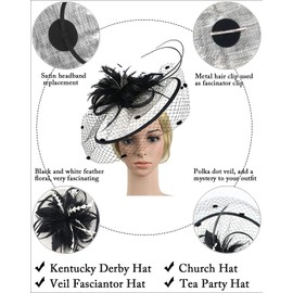 Z&X Sinamay Fascinator Pillbox Hats for Feather Floral Dots Veil Fascinator Wedding Church Hat with Headband Clip Black and White