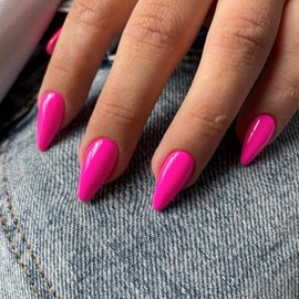 KQueenest Rosa Caliente Presione En Uñas Mediano Almendra, Uñas Acrílicas Estilete de Color Puro, Prensas de Uñas Falsas Medianas para Mujeres, Pegame