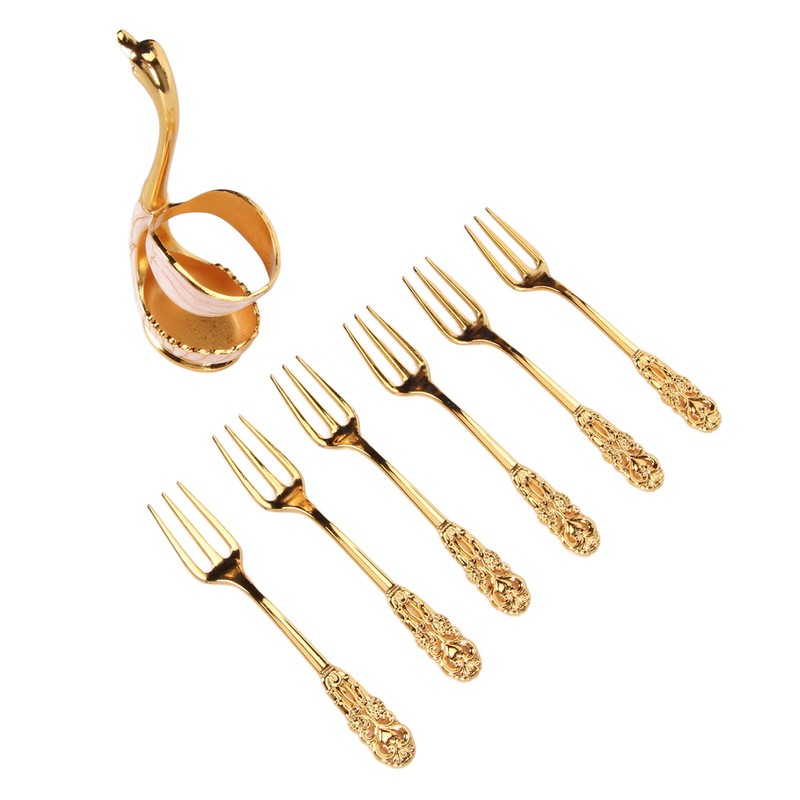 6Pcs Coffee Dessert Fork Set Metal Swan Base Holder Dessert