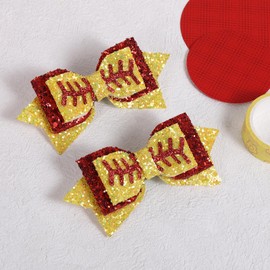 2pc Glitter Softball Hair Bows 4" Sparkling Yellow Red Sequins Alligator Clips for Toddler Teens Baby Girls Cheerleader Fans Game Day Party Dress Decor Accessory Gift