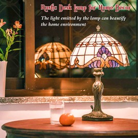 Vipush Tiffany Lamp, Vintage Style Glass Table Lamp - Tiffany Style Table Lamp for Bedside Nightstand Desk Reading Light Bedroom Living Room Decor Home Office