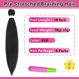 Black Braiding Hair Pre Stretched 18 Inch 8 Packs Pre Stretched Braiding Hair For Braiding Prestretched Braiding Hair For Soft Locs Hot Water Setting Soft Yaki Texture Easy To Twist(18Inch,1B)