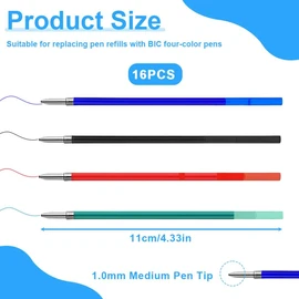 HQRKOTM Pack of 16 for BIC 4 Colours Ballpoint Pen Refills 4 Colours, Indelible Ink, Ball Diameter 1.0 mm
