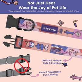 PawView Dog Collar and Leash Set with Smart ID Tag – Adjustable Soft Padded Heavy Duty Comfortable Collar and Leash Set with Cute Pop Art Doodle Design for Small Medium Large Dogs (Purple, Medium)