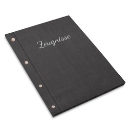 Handmade Certificate Folder in Black Linen Look with Embossed Print in Various Colours - Includes 12 Pockets