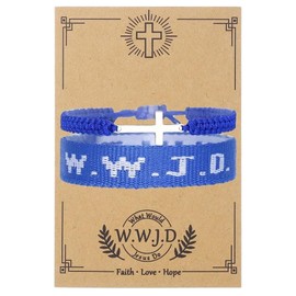 COLORFUL BLING WWJD Bracelet Cross Braided Rope Bracelet for Women Men What Would Jesus Do Wristbands Cross Charm Adjustable Protection Christian Stretch Bracelet Religious Jewelry Gift﻿-Blue